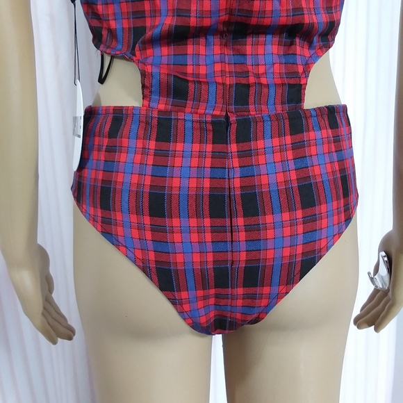 DOLLS KILL Silky Lined Red Plaid Bodysuit w Straps & O-Rings NWT Sz S - Picture 12 of 16